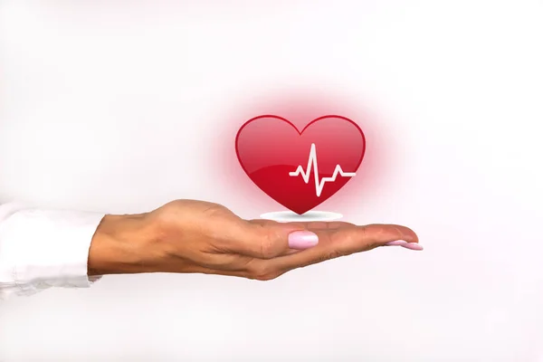 Zdraví Medicína Lidé Kardiologie Koncept Ženská Ruka Kardiogramem Malém Červeném — Stock fotografie