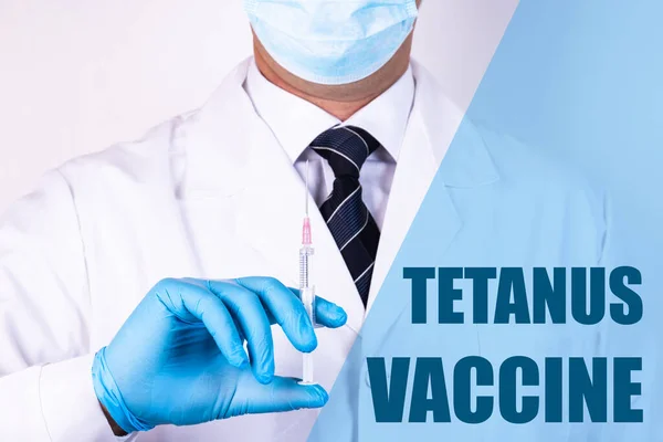 Texto Vacuna Contra Tétanos Está Escrito Fondo Médico Que Sostiene — Foto de Stock