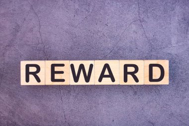 Ahşap yapı taşlarından yapılmış REWARD kelimesi.