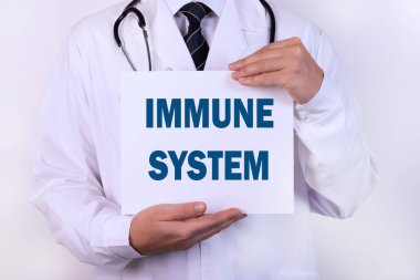 Doktorun elinde metin immün sistemi olan bir kart var. Tıbbi konsept..