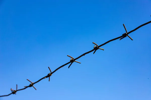 Stacheldraht Vor Dem Hintergrund Des Blauen Himmels Angst Haben Konzept — Stockfoto