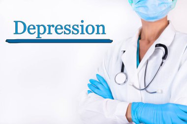 Metin, beyaz önlüklü doktorun arka planında kelime bunalımı var. Tıbbi konsept.