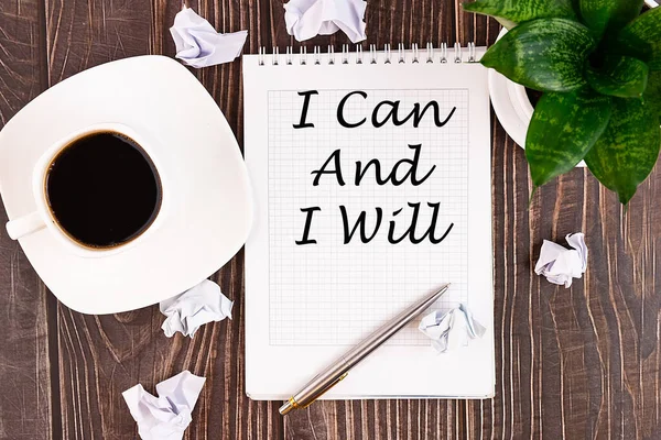 Posso Farò Concetto Motivazionale Scrittura Taccuino Con Penna Una Tazza — Foto Stock