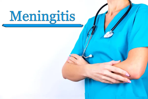 Meningitis这个词写在一位身穿蓝色医疗服的医生的背景下 医疗概念 — 图库照片
