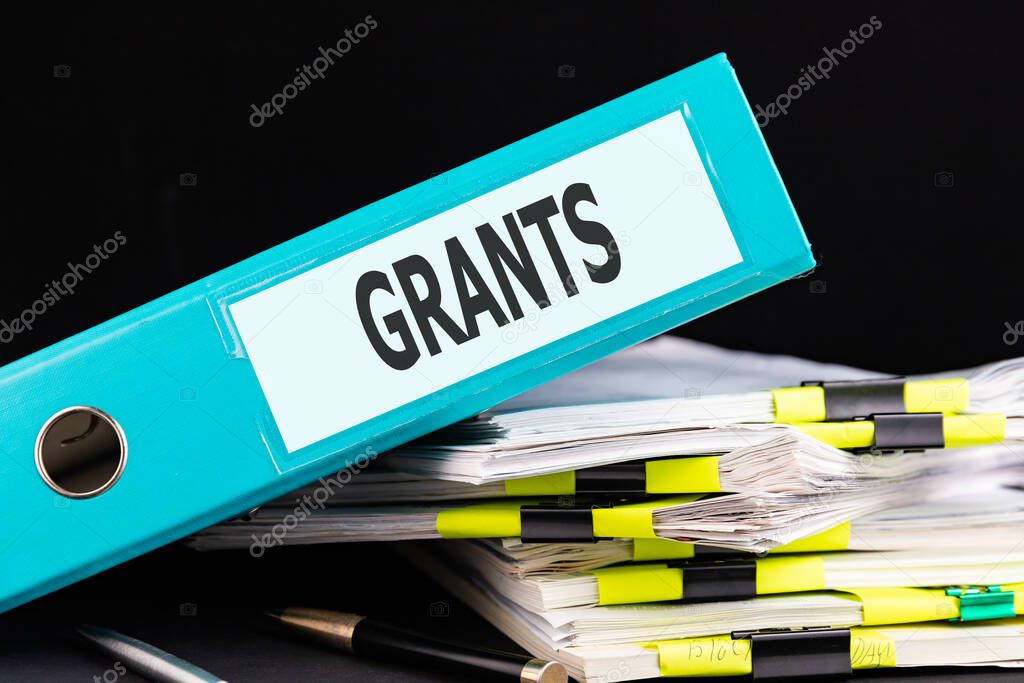 Text GRANTS is written on a folder lying on a stack of papers with a pen on the table. Business concept