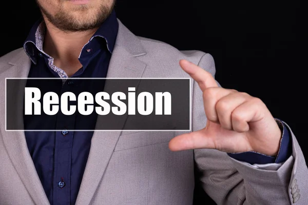 Ein Geschäftsmann Mit Einer Geschäftsikone Auf Der Der Text Recession — Stockfoto