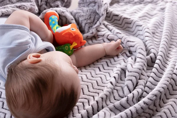 Niño Adorable Con Juguete Favorito Duerme Relajado Extiende Cama Los — Foto de Stock