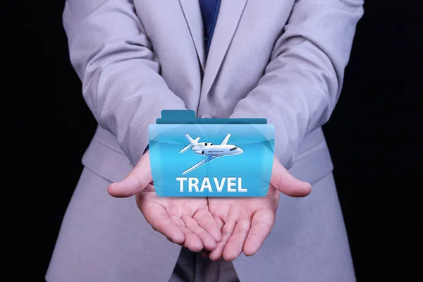 Insurance, travel, business travel concept. Insurance agent, businessman with protective gesture and airplane icon.