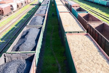 Kömür vagonları, odun parçaları ve trende talaş. Küresel ısınma Enerji üretimi.