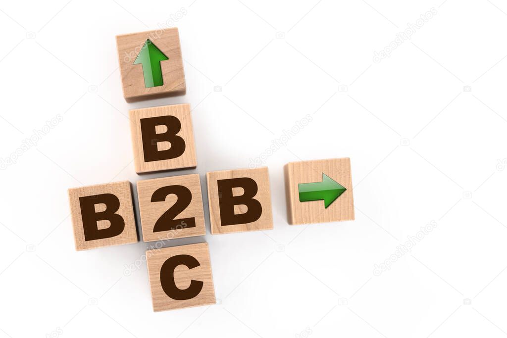 Words B2B, B2C collected in crossword with wooden cubes. Copy space