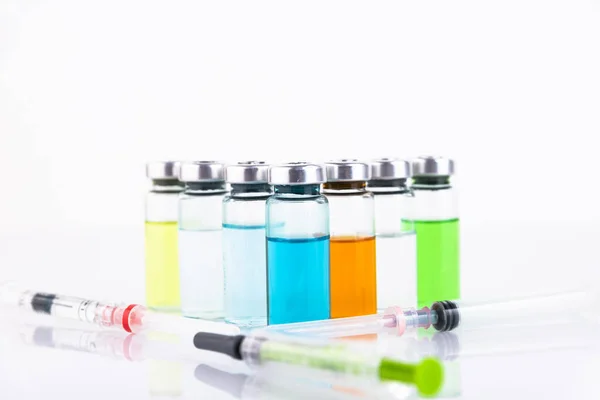 Medical Ampoules Syringe Blue Background Copy Space Selective Focus Royalty Free Stock Images