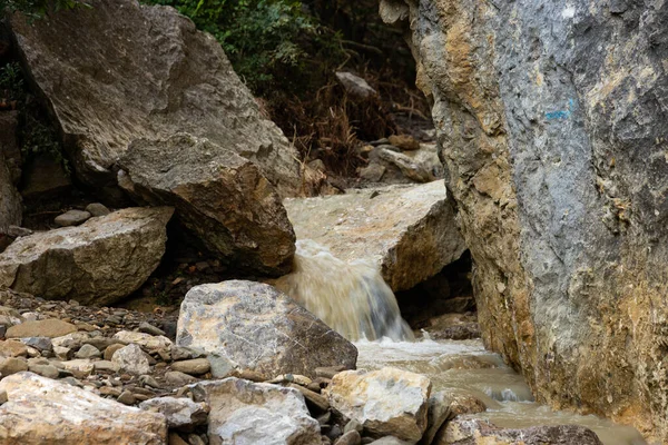 雨の後の汚れた山の川 野生の岩の間で — ストック写真