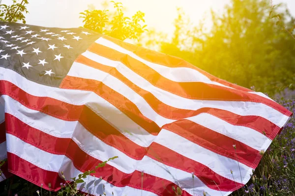 Bandera Americana Con Efecto Luz Solar Antecedentes Concepto Del Día — Foto de Stock