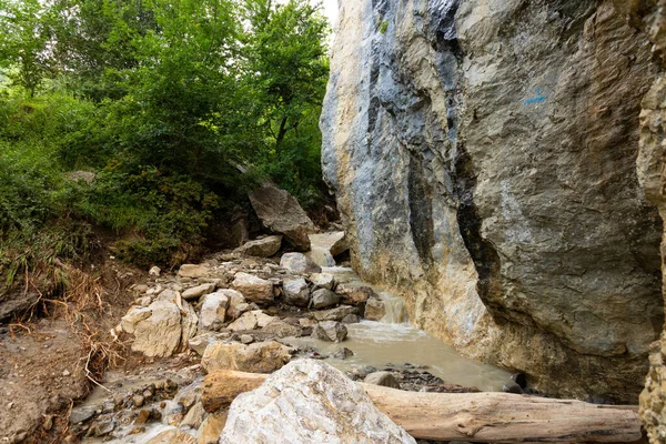 Schmutziger Gebirgsfluss Nach Regen Zwischen Wilden Felsen — Stockfoto