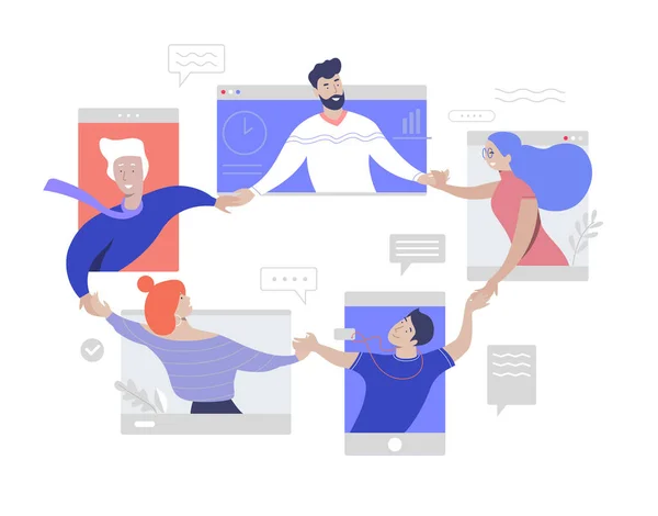 Team congratulating each other on their success. Successful project concept. Isolation online meeting. Corporate distant discussion. Flat vector illustration concept.
