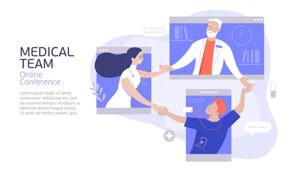 Happy medical colleagues congratulating each other on their success. Medical team online conference. Remotely virtual discussion of medicine professionals. Flat vector illustration concept.