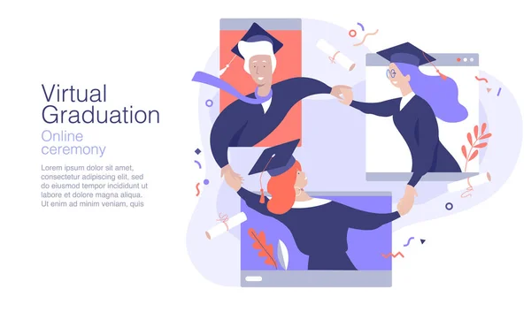 Happy graduate students congratulating each other on their graduation. Virtual Graduation ceremony. Online Education. Flat vector illustration concept.