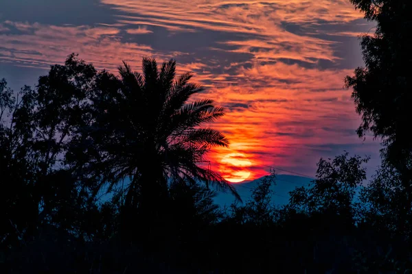 Coucher Soleil Panoramique Dans Ciel Avec Des Nuages Des Silhouettes — Photo