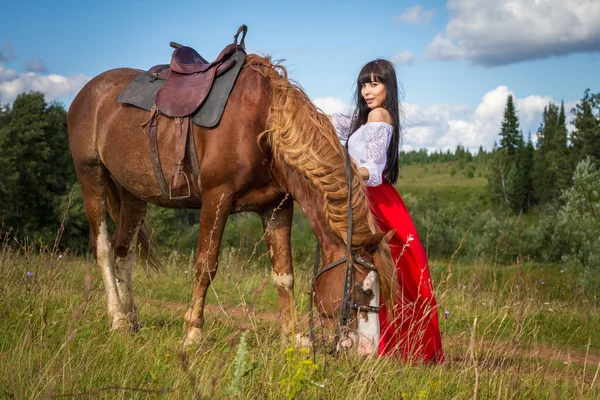 Γυναίκα σε ένα πεδίο με ένα άλογο — Φωτογραφία Αρχείου