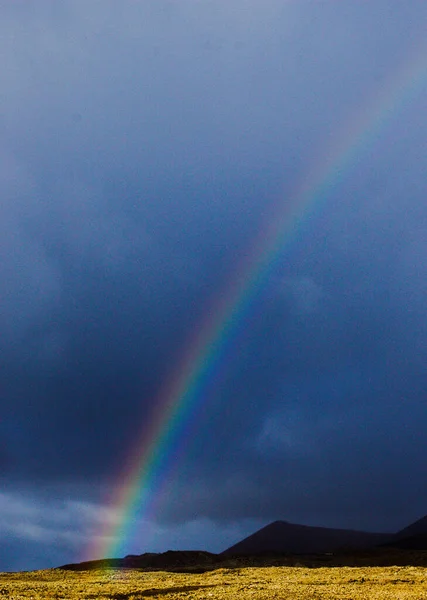 Rainbow ending in a pot of gold during a heavy rainstorm over volcanos Corralejo Fuerteventura Canary Islands Spain. The yellow colour is the sun shining on volcanic fields at sunrise