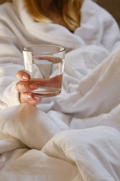 Glass Water Next Girl Sleeping Bed Happy Morning Woman Pyjamas — Stock Photo, Image