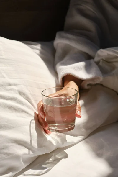 Glass Water Next Girl Sleeping Bed Happy Morning Woman Pyjamas — Stock Photo, Image