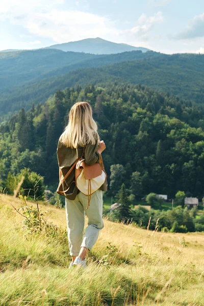 Dívka Vychutnat Scenics Pohled Údolí Krásná Přírodní Krajina Horách Pěší — Stock fotografie