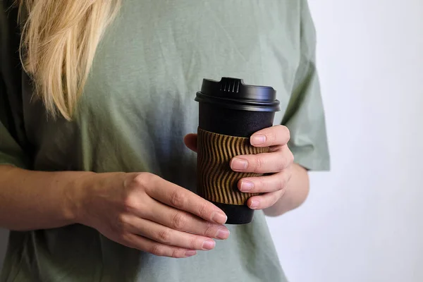 Woman Holding Hand Black Paper Cup Coffee Tea Drink Coffee — Stock Photo, Image