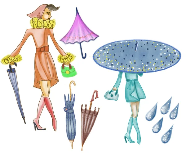 Стильные нарисованные дамы с красочным зонтиком — стоковое фото