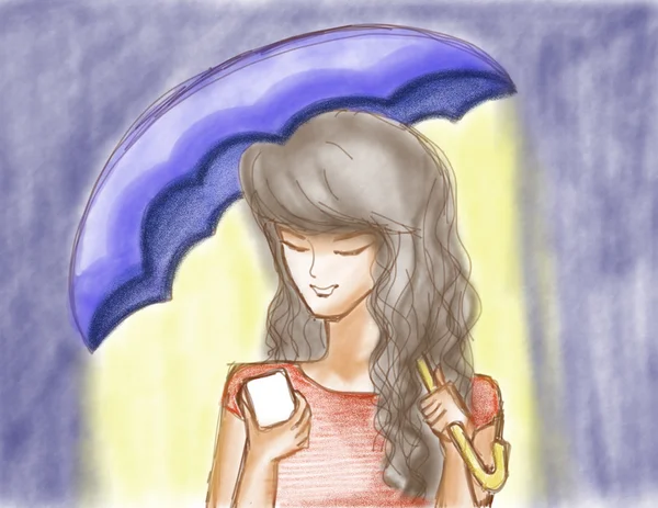 Ragazza disegnata con telefono e ombrello — Foto Stock