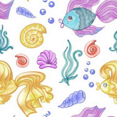 Çizilmiş balıklar ve deniz kabuklarını desen olarak
