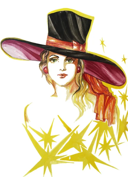 Retrato desenhado de jovem senhora do show da Broadway no chapéu grande — Fotografia de Stock