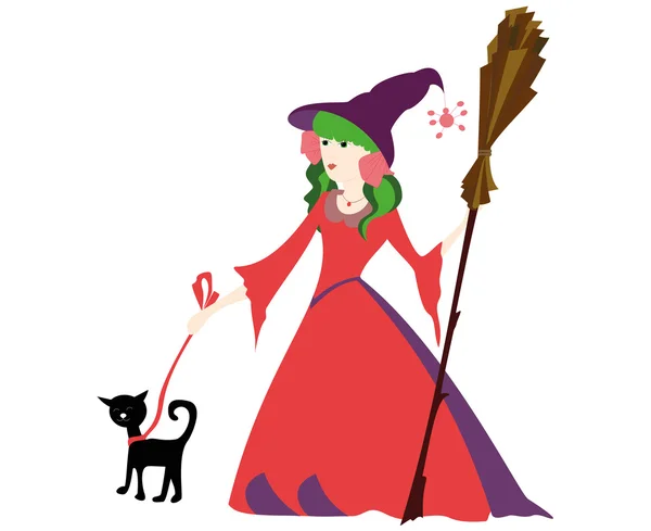 Little witch with broom and black cat for Halloween — Stock Vector