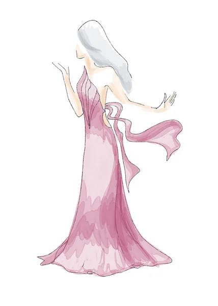 Silhouet van Dame in roze jurk getekend door aquarel — Stockfoto
