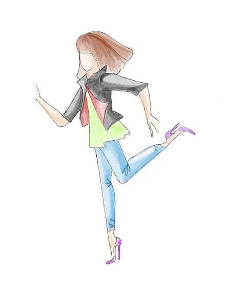 Genç genç kız kot pantolon ve yüksek topuklu suluboya tarafından çizilmiş silueti taslağını — Stok fotoğraf