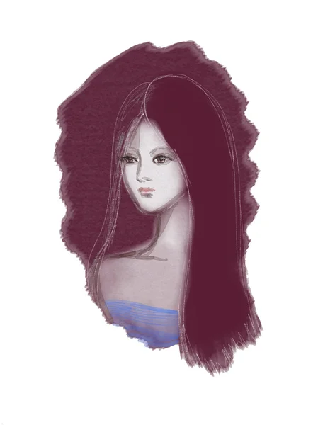 Portrait of a young lady on the violet background drawn by watercolor and pencil — Stock Photo, Image