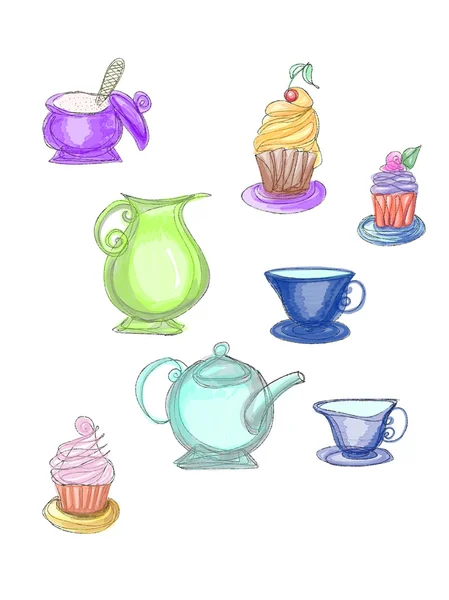 Colorful cupcakes and tea-service — Stock Photo, Image