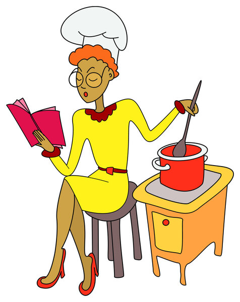 Woman cooks with a pan and book