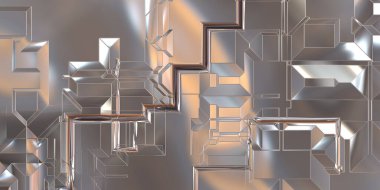 Parlak saten kaplama yüzey teknolojisi 3 boyutlu desen. Lüks yansımalı metal panel dokusu. Arkaplan, duvar kağıdı, uzay gemisi gövdesi için cilalanmış geometrik metal yansıtıcı fütüristik malzeme.