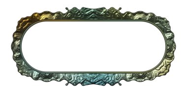 Üç boyutlu metalik illüstrasyon. Beyaz arka planda izole edilmiş fantezi çerçevesi. Davetiyeler, posterler, menü, hatıra defteri ve sunum için mükemmel. Metnin için şablon.