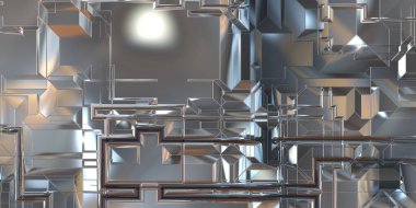 Parlak saten kaplama yüzey teknolojisi 3 boyutlu desen. Lüks yansımalı metal panel dokusu. Arkaplan, duvar kağıdı, uzay gemisi gövdesi için cilalanmış geometrik metal yansıtıcı fütüristik malzeme.