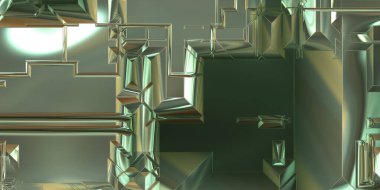 Parlak saten kaplama yüzey teknolojisi 3 boyutlu desen. Lüks yansımalı metal panel dokusu. Arkaplan, duvar kağıdı, uzay gemisi gövdesi için cilalanmış geometrik metal yansıtıcı fütüristik malzeme.