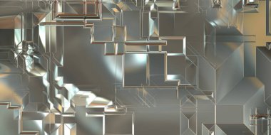 Parlak saten kaplama yüzey teknolojisi 3 boyutlu desen. Lüks yansımalı metal panel dokusu. Arkaplan, duvar kağıdı, uzay gemisi gövdesi için cilalanmış geometrik metal yansıtıcı fütüristik malzeme.
