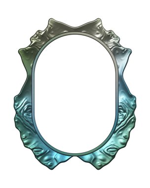 Üç boyutlu metalik illüstrasyon. Beyaz arka planda izole edilmiş fantezi çerçevesi. Davetiyeler, posterler, menü, hatıra defteri ve sunum için mükemmel. Metnin için şablon.