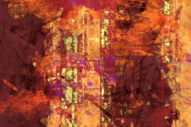 Kaos duvarı sanatı. Sanatsal canlılık ve renkli duvar kâğıdı. Kaotik resim. Taranmış Boyalı Soyut Arkaplan. Fırça darbesi ile boyanmış. Tuval üzerinde etkileyici fırçalanmış resim