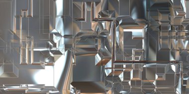 Parlak saten kaplama yüzey teknolojisi 3 boyutlu desen. Lüks yansımalı metal panel dokusu. Arkaplan, duvar kağıdı, uzay gemisi gövdesi için cilalanmış geometrik metal yansıtıcı fütüristik malzeme.