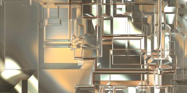 Parlak saten kaplama yüzey teknolojisi 3 boyutlu desen. Lüks yansımalı metal panel dokusu. Arkaplan, duvar kağıdı, uzay gemisi gövdesi için cilalanmış geometrik metal yansıtıcı fütüristik malzeme.