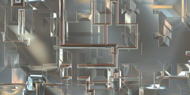 Parlak saten kaplama yüzey teknolojisi 3 boyutlu desen. Lüks yansımalı metal panel dokusu. Arkaplan, duvar kağıdı, uzay gemisi gövdesi için cilalanmış geometrik metal yansıtıcı fütüristik malzeme.