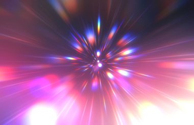 Parlak, canlı ve renkli duvar kağıtları. Parlayan parçacıkları ve çizgileri olan ışık patlaması yıldızı. Güzel soyut ışın arkaplanı.