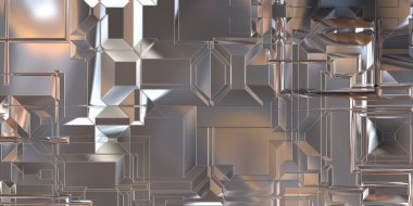 Parlak saten kaplama yüzey teknolojisi 3 boyutlu desen. Lüks yansımalı metal panel dokusu. Arkaplan, duvar kağıdı, uzay gemisi gövdesi için cilalanmış geometrik metal yansıtıcı fütüristik malzeme.